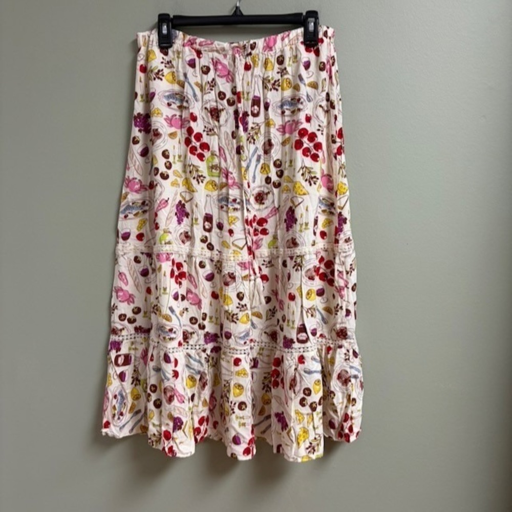 Womens Novelty Midi Skirt XL Boho Lightweight Italian Cuisine Wine Cheese Pasta